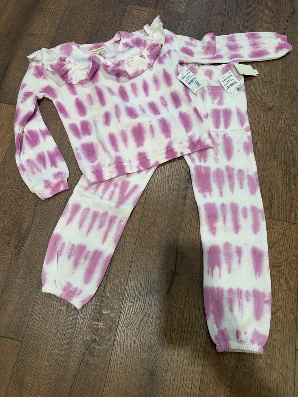 Tucker + Tate White and Pink Tie-Dye Ruffle Neck Top jogger set. NWT
